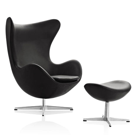 Ægget, Sort Aura læder, uden returdrej inkl. skammel af Arne Jacobsen - 1 - Jacobsen Plus