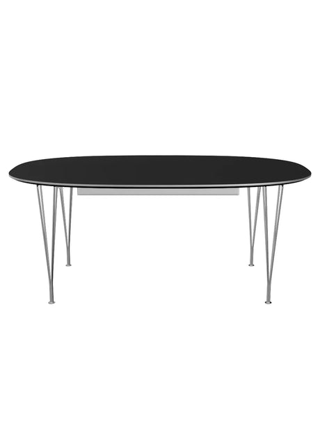 Piet Hein B619 Superellipse udtræksbord, 180/300 x 120 cm fra Fritz Hansen - Sort laminat m. alukant / Forkromet stål - Jacobsen Plus