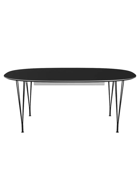 Piet Hein B619 Superellipse udtræksbord, 180/300 x 120 cm fra Fritz Hansen - Sort laminat m. alukant / Sort pulverlakeret - Jacobsen Plus