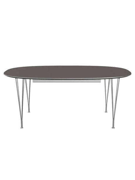 Piet Hein B619 Superellipse udtræksbord, 180/300 x 120 cm fra Fritz Hansen - Grå laminat m. alukant / Forkromet stål - Jacobsen Plus