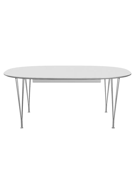 Piet Hein B619 Superellipse udtræksbord, 180/300 x 120 cm fra Fritz Hansen - Hvid laminat m. alukant / Forkromet stål - Jacobsen Plus
