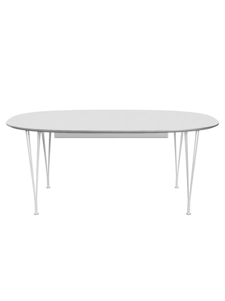Piet Hein B619 Superellipse udtræksbord, 180/300 x 120 cm fra Fritz Hansen - Hvid laminat m. alukant / Hvid pulverlakeret - Jacobsen Plus