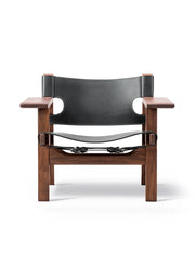 Den Spanske Stol i sort læder, valnød olie af Børge Mogensen