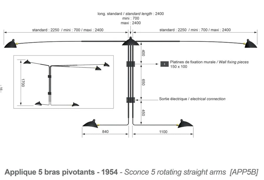 Big Wall Lamp w/5 Rotating Straight Arms af Serge Mouille - 3 - Jacobsen Plus
