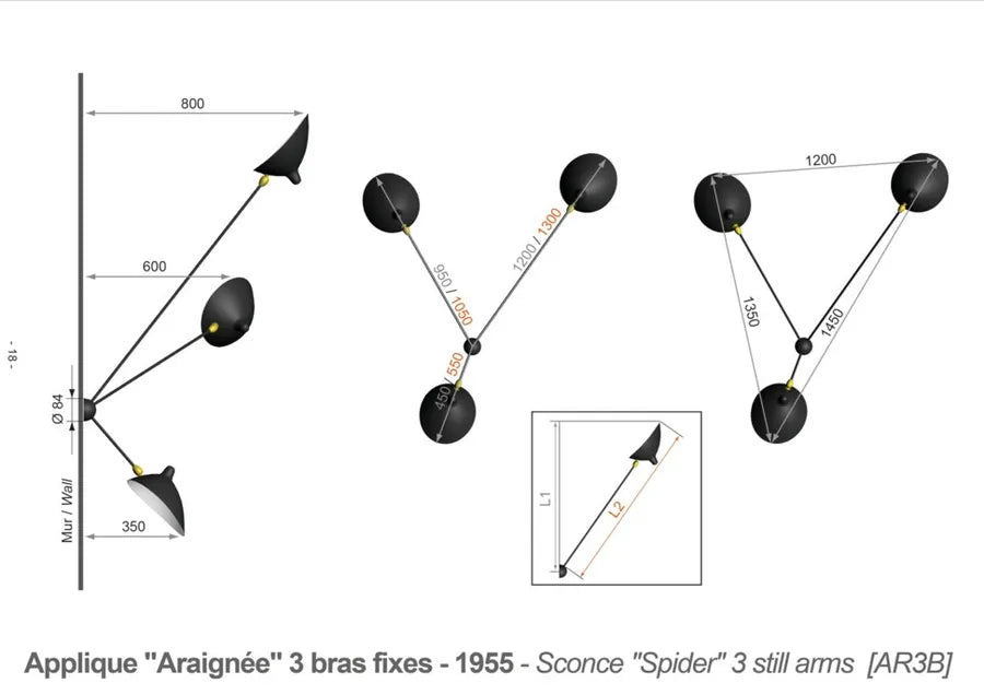 Spider Big Wall Lamp w/3 Fixed Arms af Serge Mouille - 4 - Jacobsen Plus