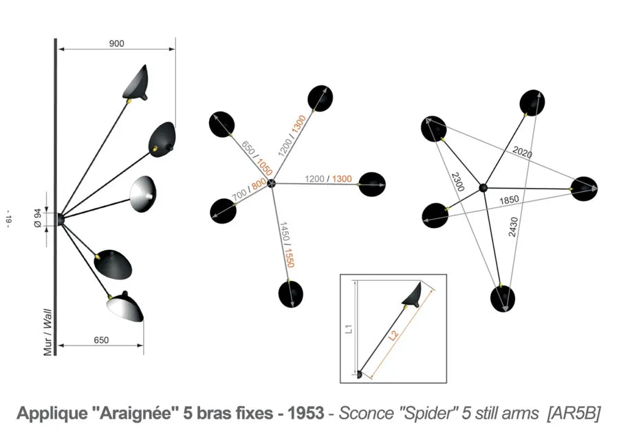 Spider Big Wall Lamp w/5 Fixed Arms af Serge Mouille - 4 - Jacobsen Plus