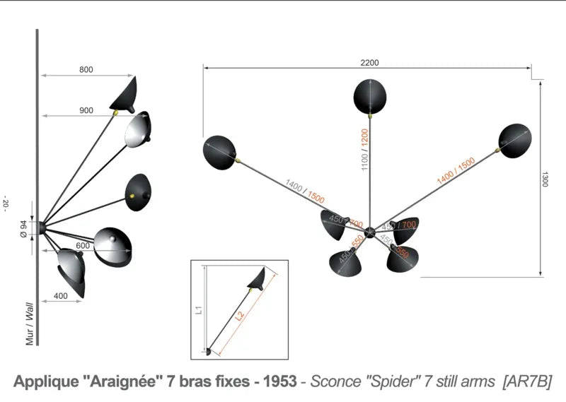 Spider Big Wall Lamp w/7 Fixed Arms af Serge Mouille - 6 - Jacobsen Plus
