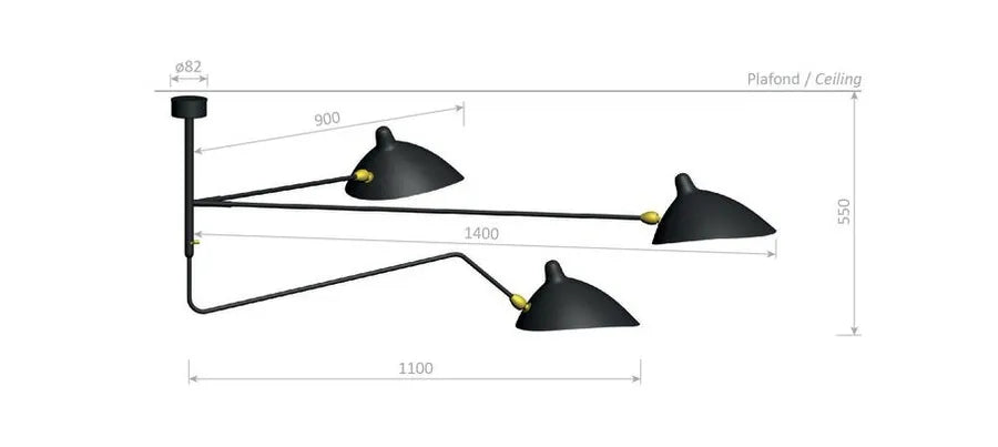 Ceiling Lamp w/2 Fixed Arms & 1 Curved Rotating Arm af Serge Mouille - 3 - Jacobsen Plus