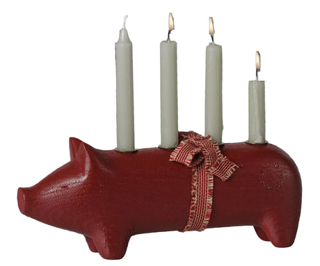 Maileg - Trælysestage Rød Gris, Medium Advent - 2 - Jacobsen Plus