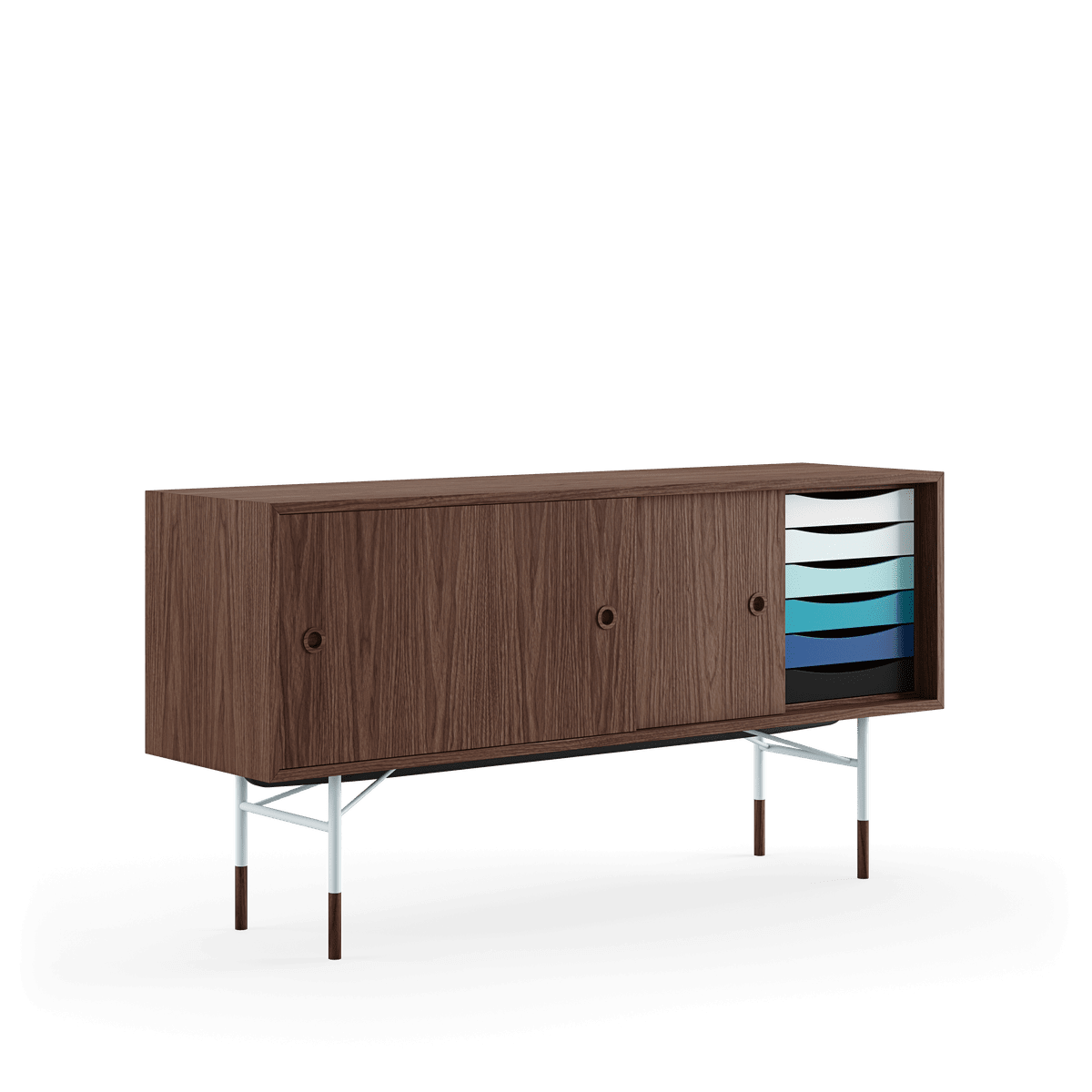 Skænk, lys blå stel af Finn Juhl - Valnød /valnød - lys blå/hvid skydelåge - Jacobsen Plus