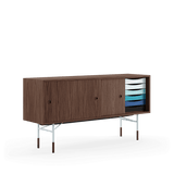 Skænk, lys blå stel af Finn Juhl - Valnød /valnød - lys blå/hvid skydelåge - Jacobsen Plus