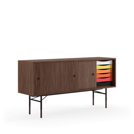 Skænk, sort stel af Finn Juhl - Valnød/valnød - gul/hvid skydelåge - Jacobsen Plus