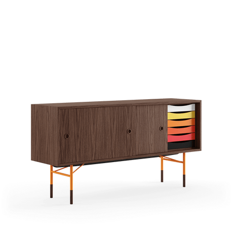 Skænk, orange stel af Finn Juhl - Valnød /valnød - gul/hvid skydelåge - Jacobsen Plus