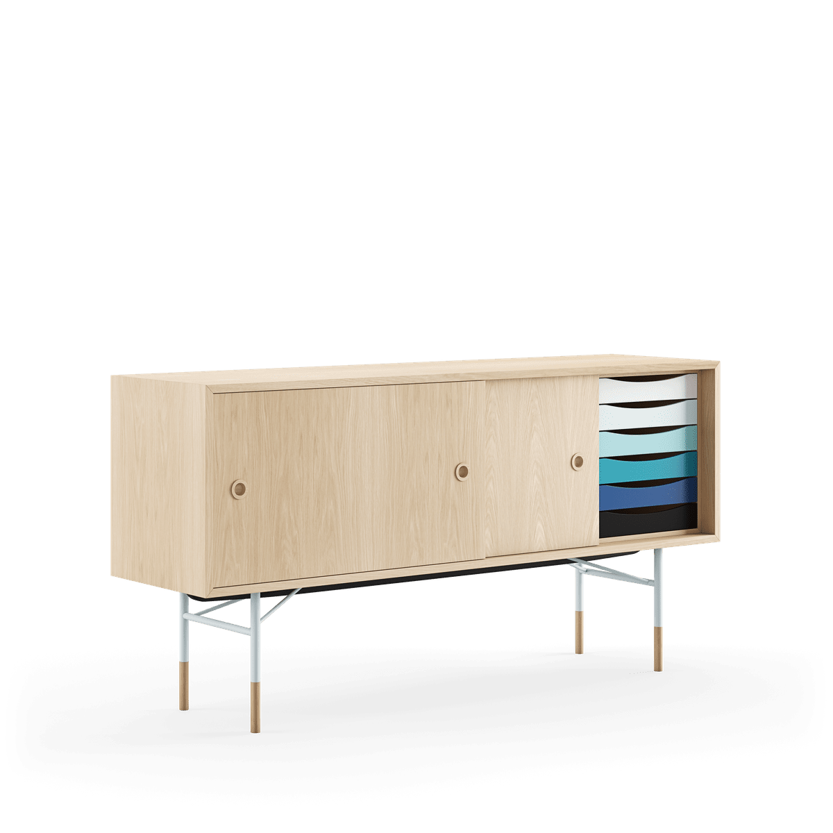 Skænk, lys blå stel af Finn Juhl - Eg klar olie/Eg klar olie - lys blå/hvid skydelåge - Jacobsen Plus