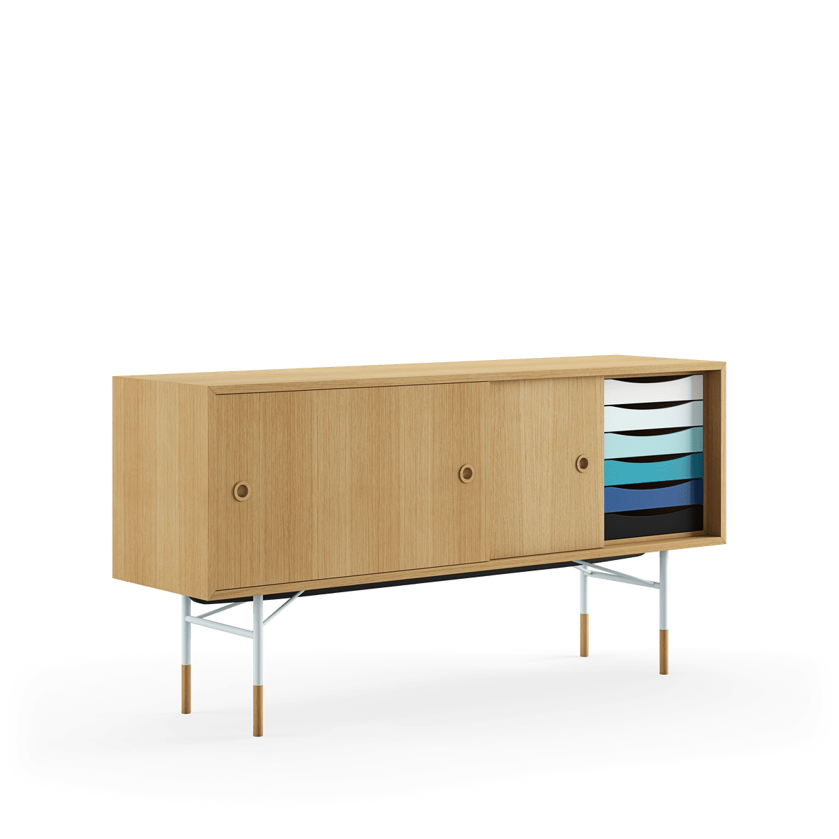 Skænk, lys blå stel af Finn Juhl - Eg olie/Eg olie - lys blå/hvid skydelåge - Jacobsen Plus