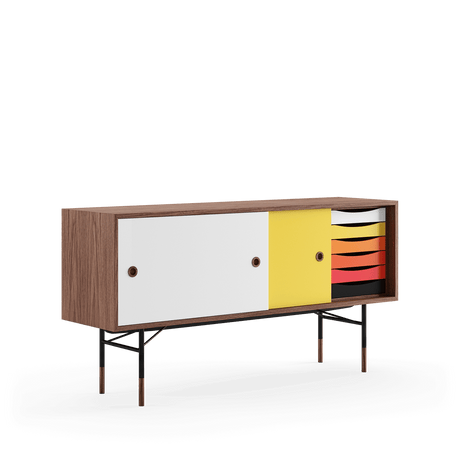 Skænk, sort stel af Finn Juhl - Valnød - gul/hvid skydelåge - Jacobsen Plus