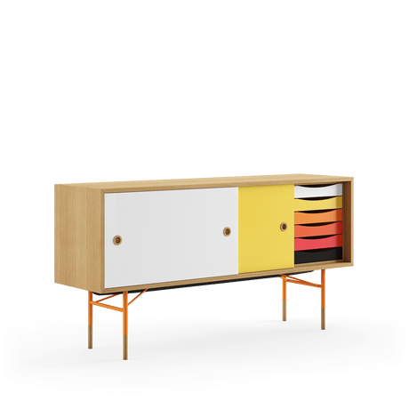 Skænk, orange stel af Finn Juhl - Eg olie - gul/hvid skydelåge - Jacobsen Plus