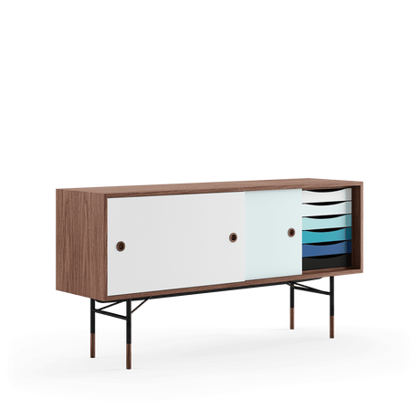 Skænk, sort stel af Finn Juhl - Valnød - lys blå/hvid skydelåge - Jacobsen Plus