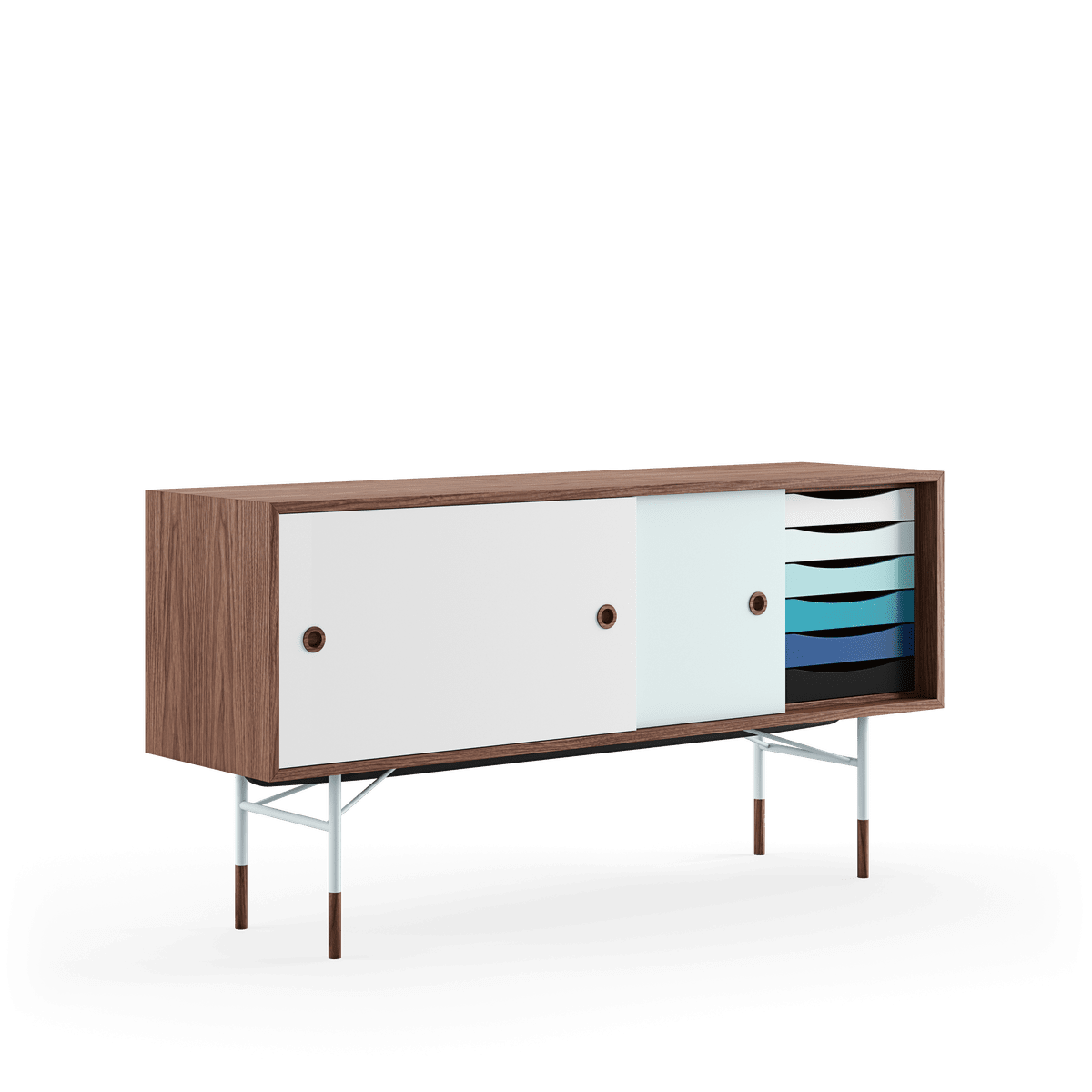 Skænk, lys blå stel af Finn Juhl - Valnød - lys blå/hvid skydelåge - Jacobsen Plus