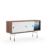 Skænk, lys blå stel af Finn Juhl - Valnød - lys blå/hvid skydelåge - Jacobsen Plus