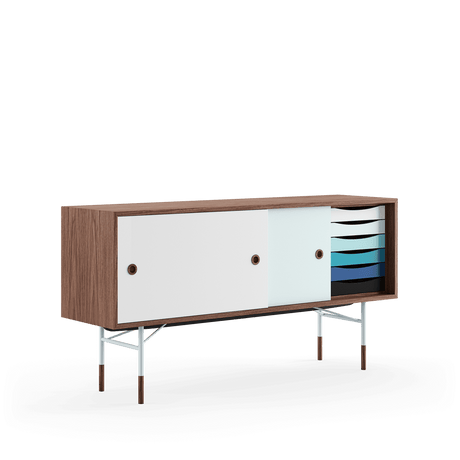 Skænk, lys blå stel af Finn Juhl - Valnød - lys blå/hvid skydelåge - Jacobsen Plus