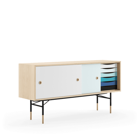 Skænk, sort stel af Finn Juhl - Eg klar olie - lys blå/hvid skydelåge - Jacobsen Plus