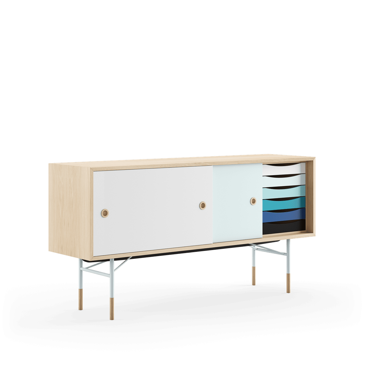 Skænk, lys blå stel af Finn Juhl - Eg klar olie - lys blå/hvid skydelåge - Jacobsen Plus