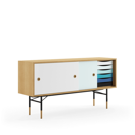 Skænk, sort stel af Finn Juhl - Eg olie - lys blå/hvid skydelåge - Jacobsen Plus