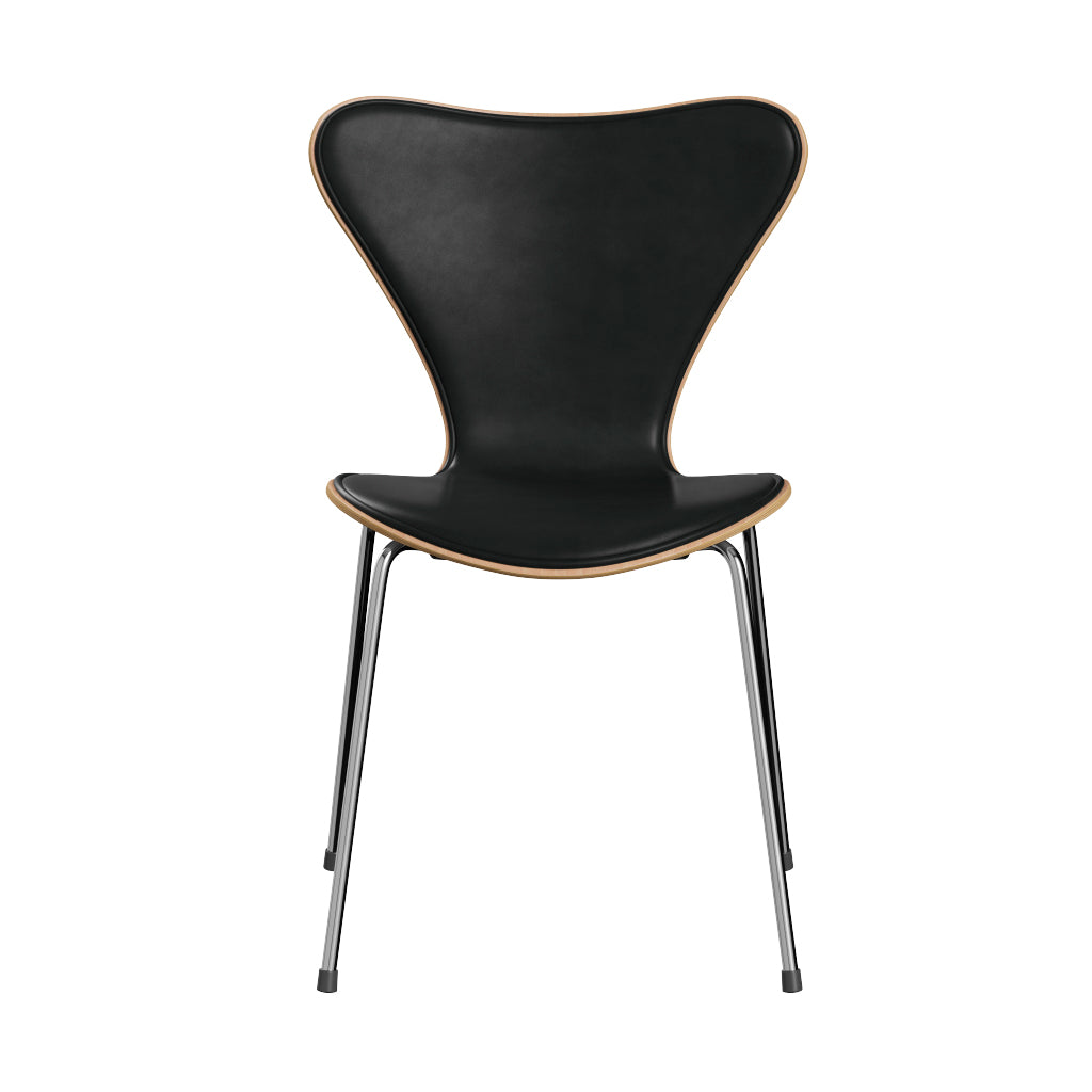 Fritz Hansen - 3107 stol, naturfiner og forsidepolstret i Grace læder - Bøg - Sort læder - Krom stel - Jacobsen Plus
