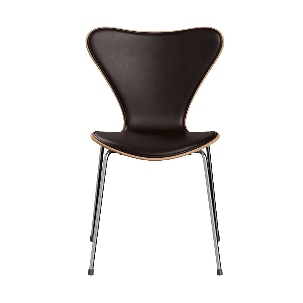 Fritz Hansen - 3107 stol, naturfiner og forsidepolstret i Grace læder - Bøg - Mørk brun læder - Krom stel - Jacobsen Plus