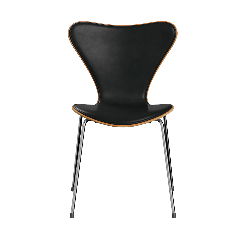 Fritz Hansen - 3107 stol, naturfiner og forsidepolstret i Grace læder - Kirsebær - Sort læder - Krom stel - Jacobsen Plus