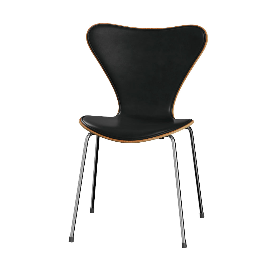 Fritz Hansen - 3107 stol, naturfiner og forsidepolstret i Grace læder - Elm - Sort læder - Krom stel - Jacobsen Plus