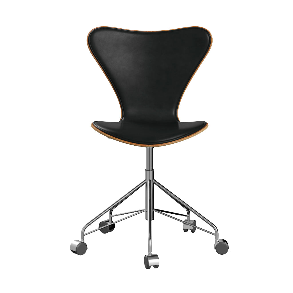 Fritz Hansen - 3117 kontorstol, naturfiner og forsidepolstret i Grace læder - Elm - Sort læder - Krom stel - Jacobsen Plus