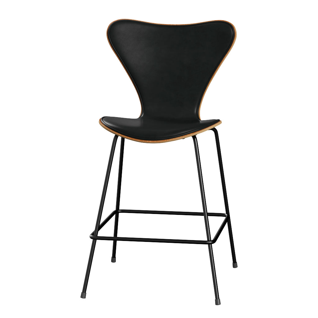 Fritz Hansen - 3187 lav barstol, naturfiner og forsidepolstret i Grace læder - Elm - Sort læder - Sort stel - Jacobsen Plus