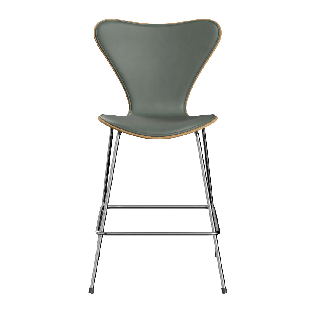 Fritz Hansen - 3187 lav barstol, naturfiner og forsidepolstret i Grace læder - Eg - Concrete Grey læder - Krom stel - Jacobsen Plus