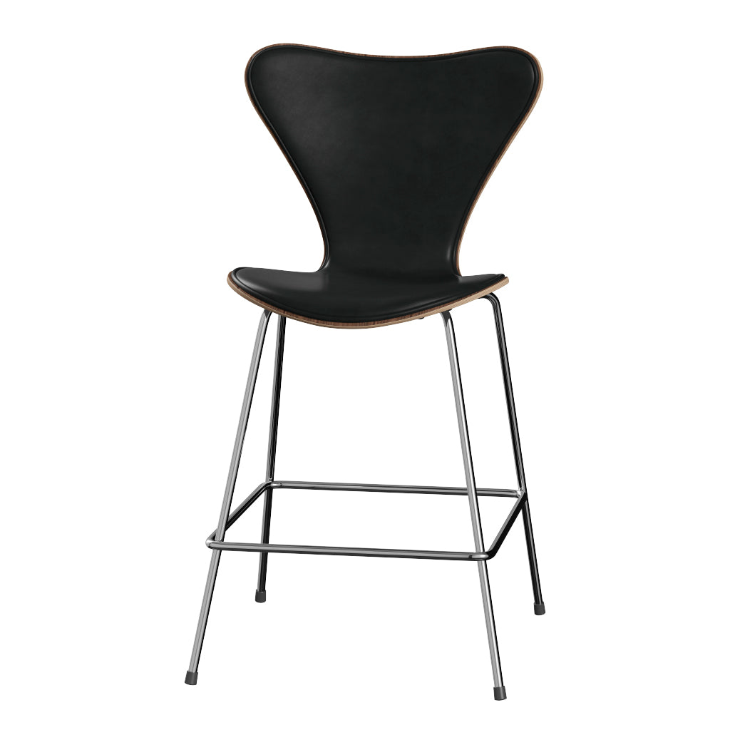 Fritz Hansen - 3187 lav barstol, naturfiner og forsidepolstret i Grace læder - Valnød - Sort læder - Krom stel - Jacobsen Plus