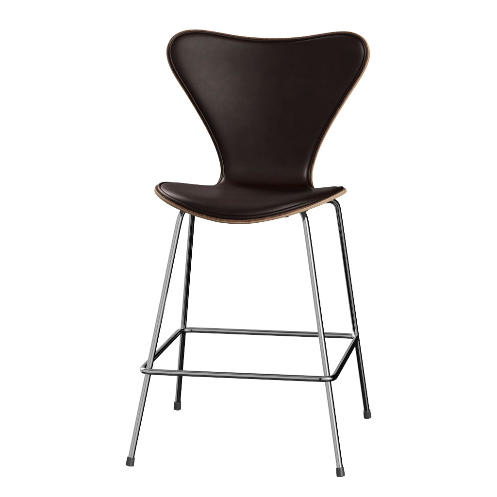 Fritz Hansen - 3187 lav barstol, naturfiner og forsidepolstret i Grace læder - Valnød - Mørk brun læder - Krom stel - Jacobsen Plus