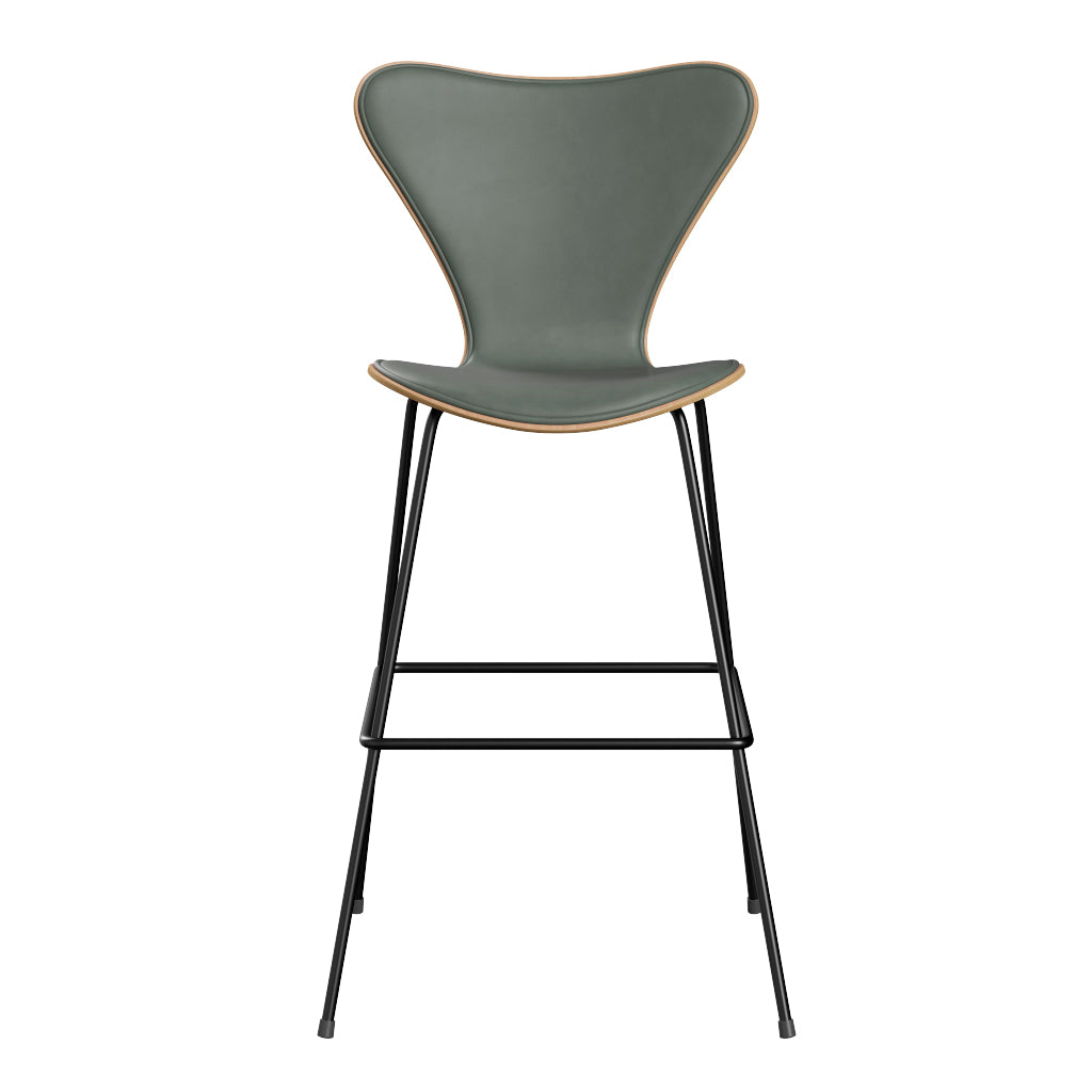 Fritz Hansen - 3197 høj barstol, naturfiner og forsidepolstret i Grace læder - Bøg - Concrete Grey læder - Sort stel - Jacobsen Plus