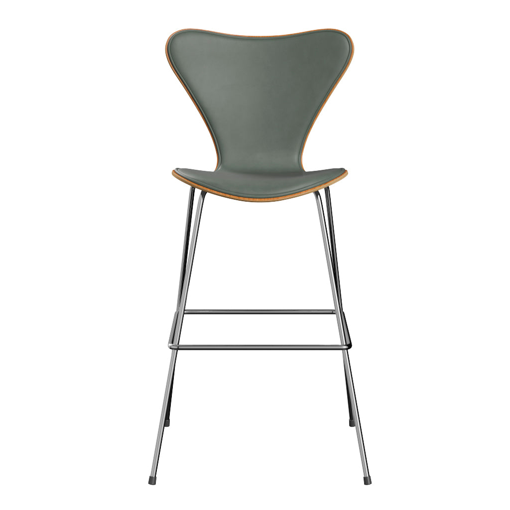 Fritz Hansen - 3197 høj barstol, naturfiner og forsidepolstret i Grace læder - Kirsebær - Concrete Grey læder - Krom stel - Jacobsen Plus