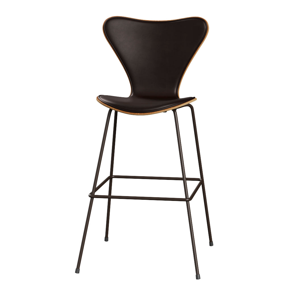 Fritz Hansen - 3197 høj barstol, naturfiner og forsidepolstret i Grace læder - Elm - Mørk brun læder - Brown Bronze stel - Jacobsen Plus