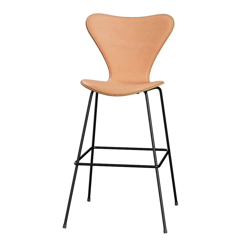 Fritz Hansen - 3197 høj barstol, naturfiner og forsidepolstret i Natur læder - Eg - Sort stel - Jacobsen Plus