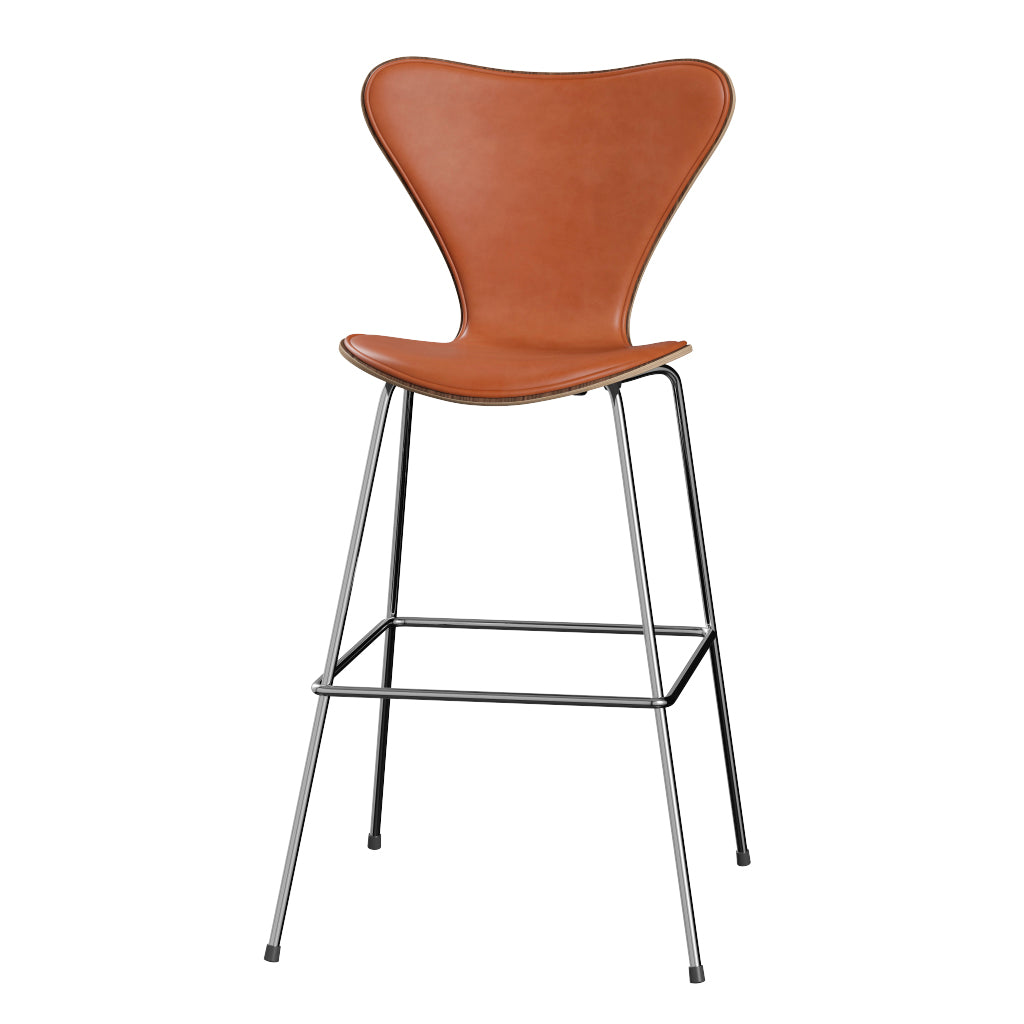 Fritz Hansen - 3197 høj barstol, naturfiner og forsidepolstret i Grace læder - Valnød - Valnød læder - Krom stel - Jacobsen Plus