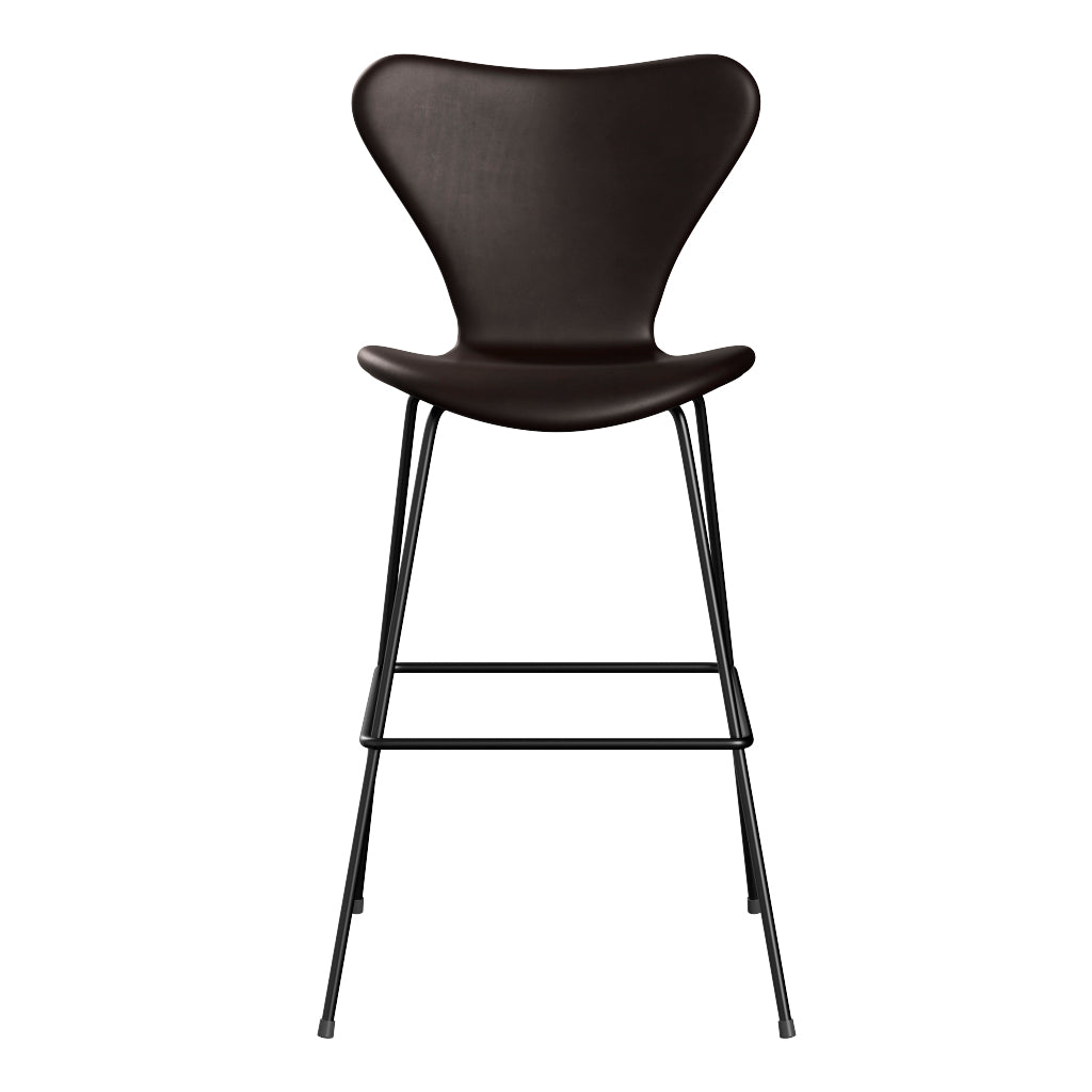 Fritz Hansen - 3197 høj barstol, fuldpolstret i Grace læder - Mørk brun læder - Sort stel - Jacobsen Plus