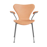 Fritz Hansen - 3207 stol med armlæn, fuldpolstret i Natur læder - Krom stel - Jacobsen Plus