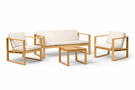 Bodil Kjær udendørs loungesæt i teak med 1 bord, 1 bænk og 2 loungestole inkl. hynder fra Carl Hansen & Søn - 1 - Jacobsen Plus