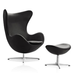 Ægget, Sort Aura læder, uden returdrej inkl. skammel af Arne Jacobsen