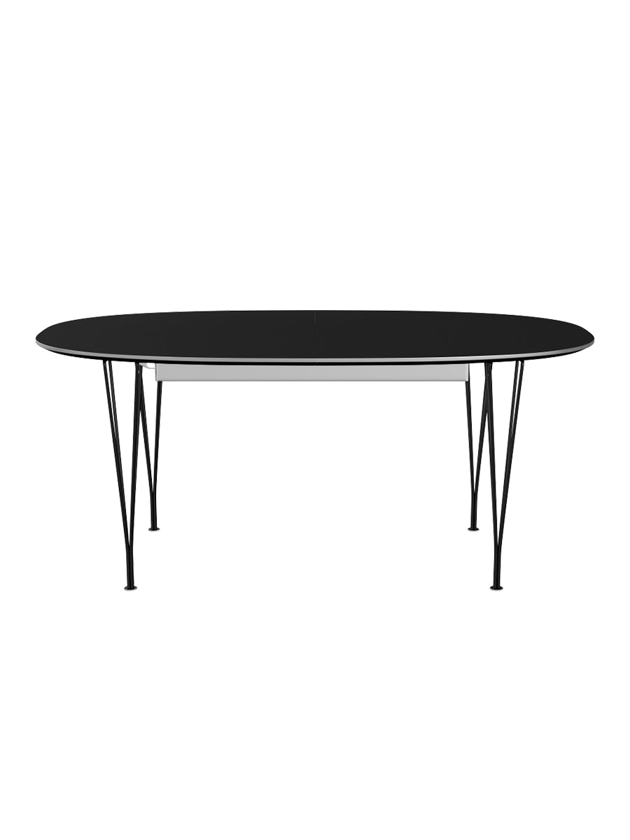 Piet Hein B620 Superellipse udtræksbord, 170/270 x 100 cm fra Fritz Hansen - Sort laminat m. alukant - Sort stel - Jacobsen Plus