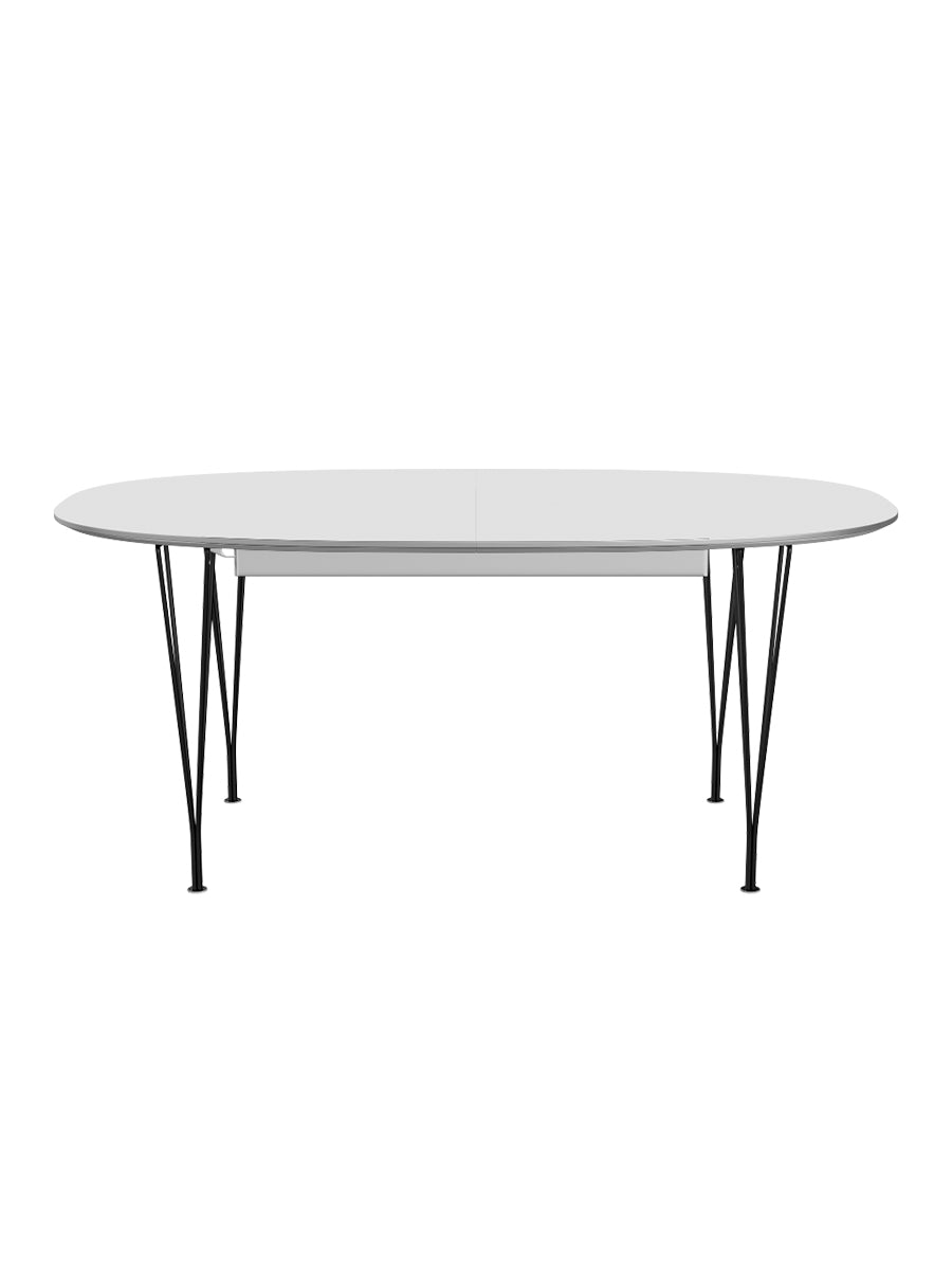 Piet Hein B620 Superellipse udtræksbord, 170/270 x 100 cm fra Fritz Hansen - Hvid laminat m. alukant - Sort stel - Jacobsen Plus