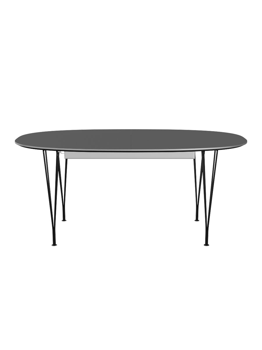 Piet Hein B620 Superellipse udtræksbord, 170/270 x 100 cm fra Fritz Hansen - Grey Bromo m. alukant - Sort stel - Jacobsen Plus