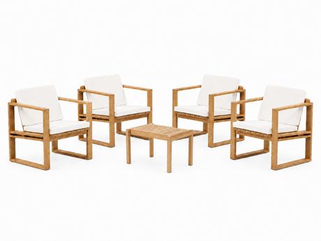 Bodil Kjær udendørs loungesæt i teak med 1 sidebord og 4 loungestole inkl. hynder fra Carl Hansen & Søn - 1 - Jacobsen Plus